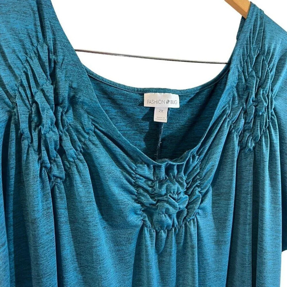 Fashion Bug Blue Marled Plus Size Top 2X Ruched Details Stretch Jersey Knit Top - Picture 4 of 5